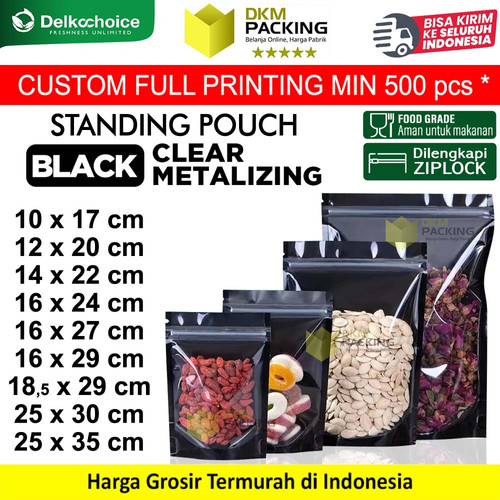 Standing Pouch CLEAR BLACK METALIZING Aluminium Foil Hitam Transparan Kombinasi Kemasan Makanan Ziplock DELKOCHOICE