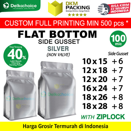 Flat Bottom Silver Plastik Klip Standing Pouch Ziplock Kemasan Makanan