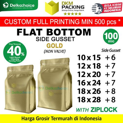Flat Bottom Gold Plastik Klip Standing Pouch Ziplock Kemasan Makanan