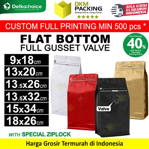 Kemasan Biji Bubuk Kopi FULL GUSSET VALVE Coffee Bag Pouch Flat Bottom