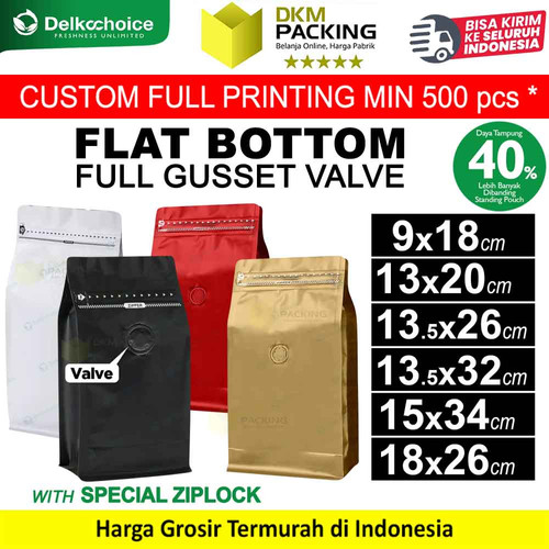 Coffee Bag Pouch FULL GUSSET VALVE Flat Bottom Kemasan Biji Bubuk Kopi