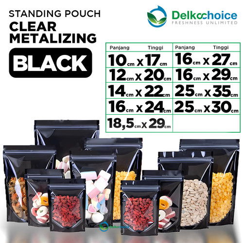Standing Pouch CLEAR BLACK METALIZING Aluminium Foil Hitam Transparan Kombinasi Kemasan Makanan Ziplock DELKOCHOICE