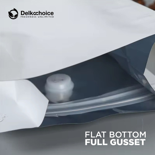 Kemasan Kopi FLAT BOTTOM FULL GUSSET VALVE WHITE Standing Pouch Coffee Bag Biji Bubuk Plastik Klip Ziplock DELKOCHOICE