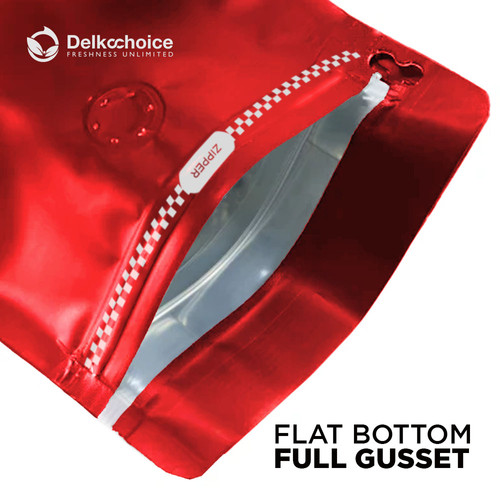 Kemasan Kopi FLAT BOTTOM FULL GUSSET VALVE RED Standing Pouch Coffee Bag Biji Bubuk Plastik Klip Ziplock DELKOCHOICE