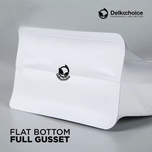 Kemasan Kopi FLAT BOTTOM FULL GUSSET VALVE WHITE Standing Pouch Coffee Bag Biji Bubuk Plastik Klip Ziplock DELKOCHOICE