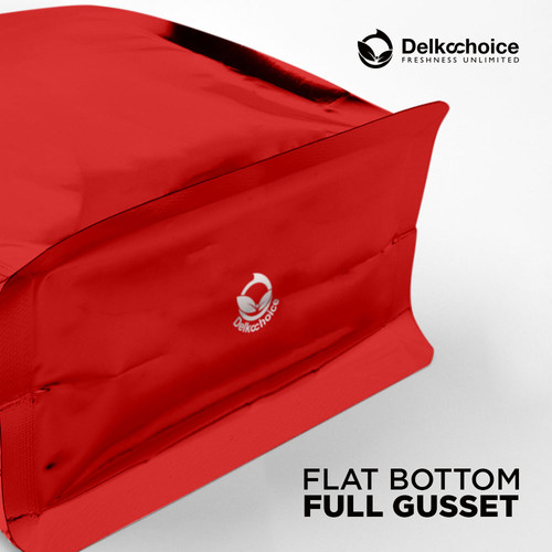 Kemasan Kopi FLAT BOTTOM FULL GUSSET VALVE RED Standing Pouch Coffee Bag Biji Bubuk Plastik Klip Ziplock DELKOCHOICE