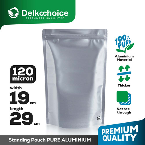 Kemasan Standing Pouch PURE ALUMUNIUM FOIL Ziplock Makanan Delkochoice