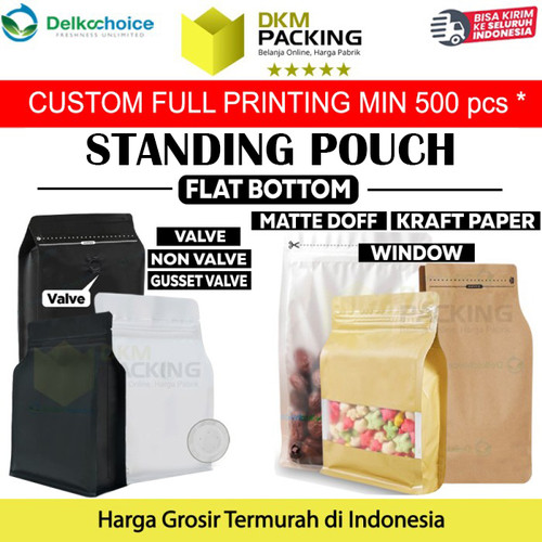 Coffe Bag Kemasan FLAT BOTTOM Biji Bubuk Standing Pouch DELKOCHOICE