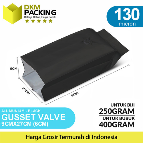 Kantong Alumunium Bag Gusset Valve Hitam Kemasan Bubuk Delkochoice
