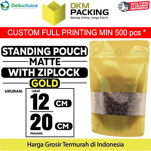 Standing Pouch 12x20cm GOLD MATTE WINDOW Plastik Kemasan DELKOCHOICE