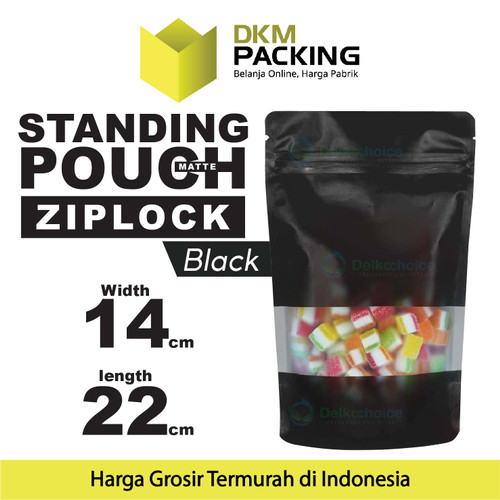 Standing Pouch 14x22cm HITAM MATTE WINDOW Plastik Kemasan DELKOCHOICE