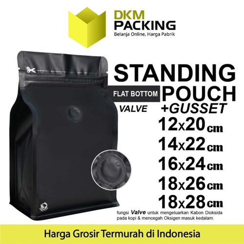 FLAT BOTTOM HITAM VALVE COFFEE BAG ZIPLOCK DELKOCHOICE PREMIUM