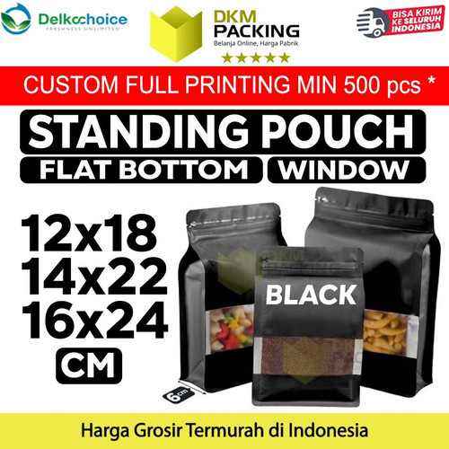 FLAT BOTTOM WINDOW 14x22cm BLACK ALU FOIL Standing Pouch DELKOCHOICE