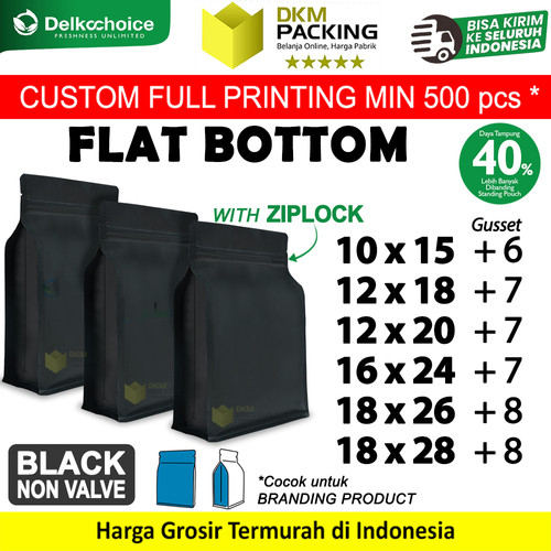 Flat Bottom Hitam 18x28cm Plastik Klip Standing Pouch Ziplock Kemasan