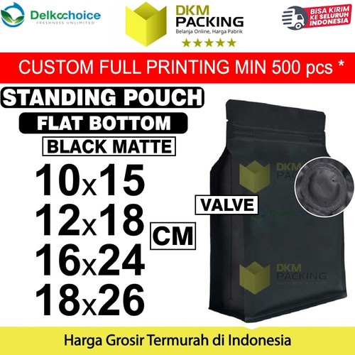 Flat Bottom VALVE 18x26cm Standing Pouch Ziplock Plastik Klip Hitam