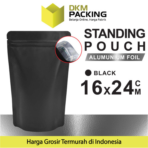 Standing Pouch HITAM 16x24cm NON WINDOW ZIPLOCK Plastik Klip ALU FOIL