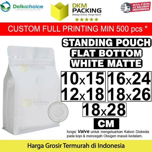 Flat Bottom with VALVE Standing Pouch Ziplock Plastik Klip Kopi Putih