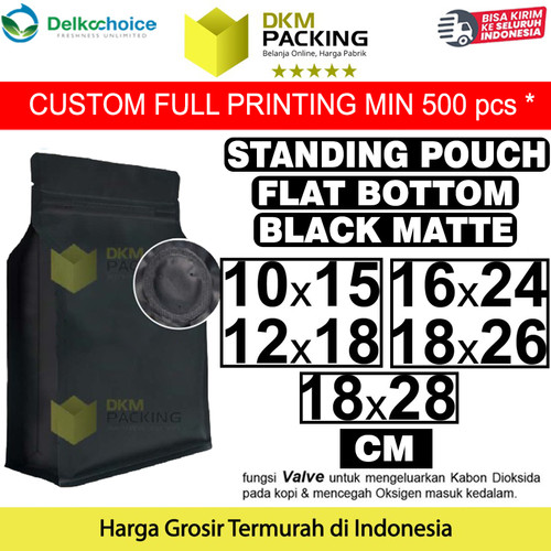 Flat Bottom with VALVE Standing Pouch Ziplock Plastik Klip Kopi Hitam