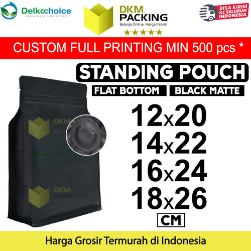 Flat Bottom VALVE Standing Pouch Ziplock Plastik Klip Kopi Hitam