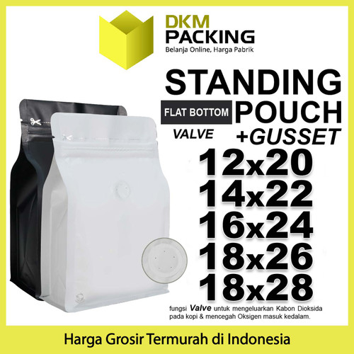 Flat Bottom with VALVE Coffee Standing Pouch Ziplock Plastik Klip Kopi