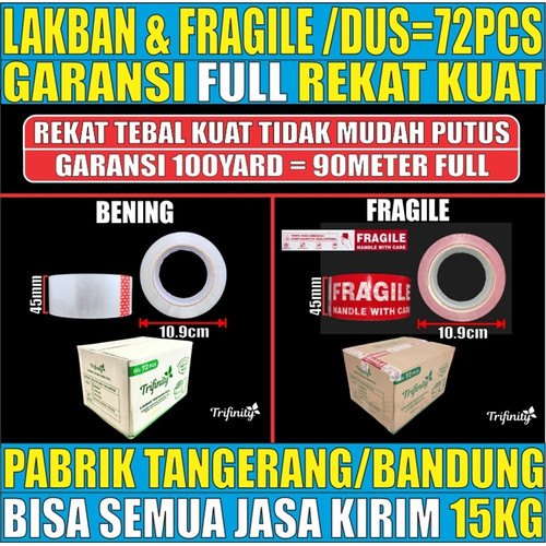 Lakban Bening Meteran Full Garansi Retur Rekat Kuat / Lakban Fragile Trifinity 45mmx100yard Dus jskr