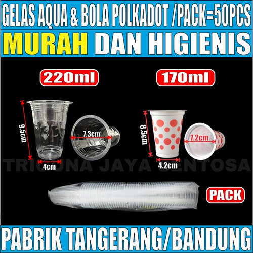 Gelas Plastik Aqua 220ml 2,4gr / Gelas Bola Bola Polkadot Tebal Per Pack Cup Kopi Tahan Panas Murah