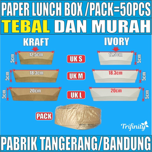 Paper Lunch Box HALAL Tebal Putih Uk S M L Kraft Coklat Food Tray Laminasi Kotak Makan Pack 50pcs