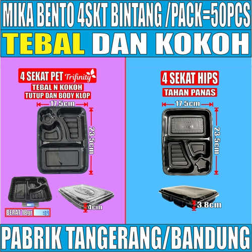 Mika Bento Tebal Bintang 4 Sekat PET Trifinity atau 4Sekat HIPS Tahan Panas Pack Tray Bekal Makan