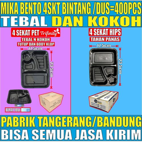 Mika Bento Tebal Bintang 4 Sekat PET Trifinity atau 4Sekat HIPS Tahan Panas Per Dus Semua Js Krm