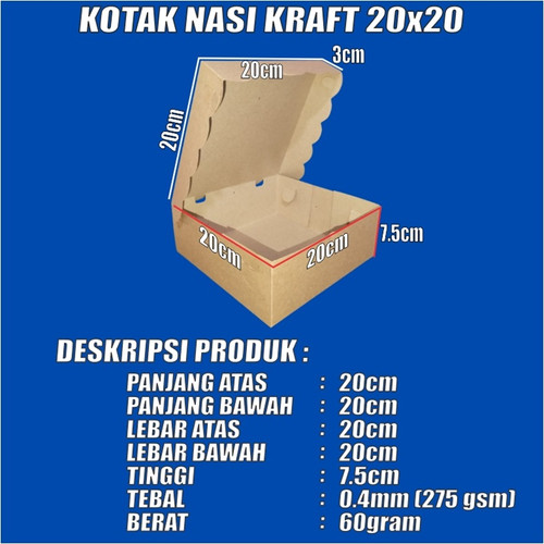 Kotak Nasi Tebal u Katering Dus uk 18x18 / 20x20 Duplex Putih Kraft Coklat per Pack