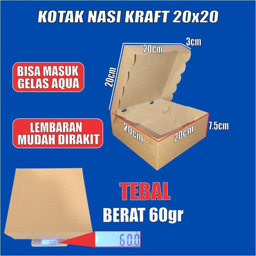 Kotak Nasi Tebal u Katering Dus uk 18x18 / 20x20 Duplex Putih Kraft Coklat per Pack