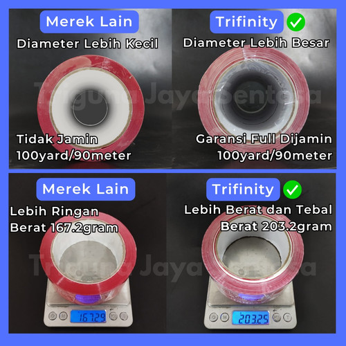 Lakban Bening Meteran Full Garansi Retur Rekat Kuat / Lakban Fragile Trifinity 45mmx100yard Dus jskr