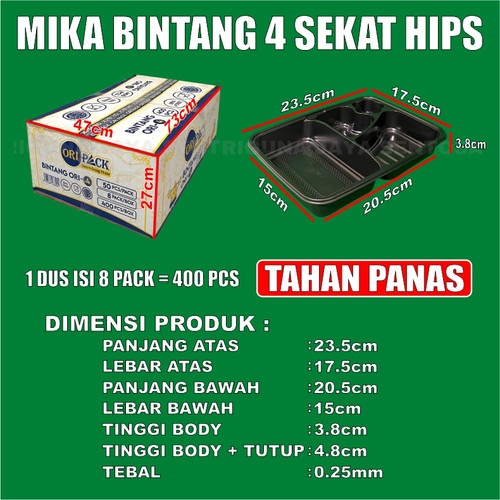 Mika Bento Tebal Bintang 4 Sekat PET Trifinity atau 4Sekat HIPS Tahan Panas Pack Tray Bekal Makan