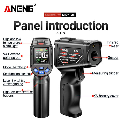 Aneng TH06 Infrared Laser Thermometer High/Low Temperature Gun Ori