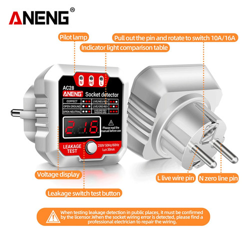 Aneng AC28 Smart Socket Tester Socket polarity detector RCD 30mA Ori