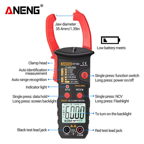 Aneng ST184 Tang Ampere Clamp Meter AC/DC 6000 Counts Original