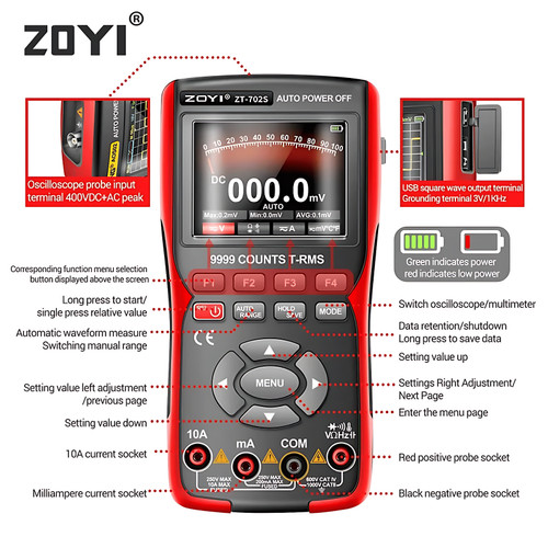 ZOYI ZT-702S Digital Oscilloscope Multimeter 48M/S 10MHZ PC Waveform