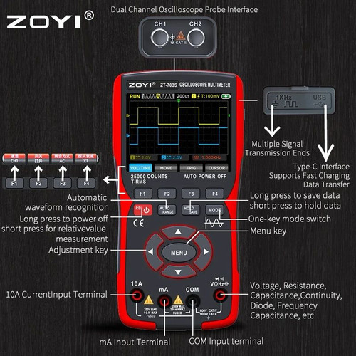 ZOYI ZT703s 2 Channel OSCILLOSCOPE OSILOSKOP Digital Multimeter 50Mhz