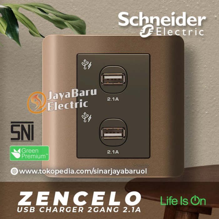 Stop Kontak USB Charger SCHNEIDER ZENCELO 2Gang Putih Silver Bronze