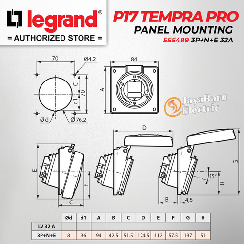 Legrand Panel Mounting Socket 3P+N+E / 5 Pin 32A P17 Tempra Pro 555489