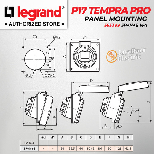 Legrand Panel Mounting Socket 3P+N+E / 5 Pin 16A P17 Tempra Pro 555389