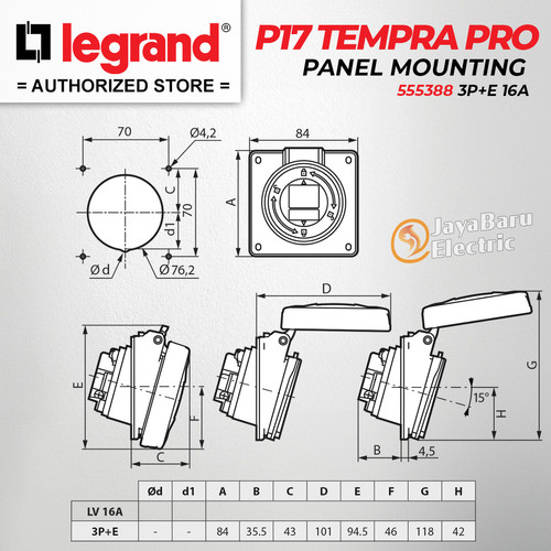 Legrand Panel Mounting Socket 3P+E / 4 Pin 16A P17 Tempra Pro 555388