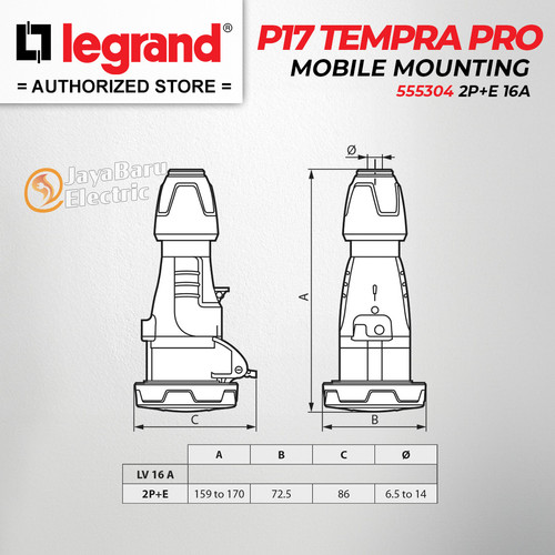 Legrand Mobile Mounting Socket 2P+E / 3 Pin 3Pin 16A IP67 P17 Tempra Pro 555304