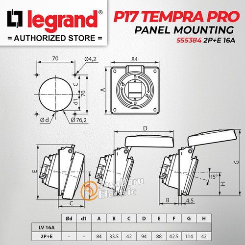 Legrand Panel Mounting Socket 2P+E / 3 Pin 16A P17 Tempra Pro 555384