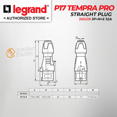 Legrand Straight Plug 3P+N+E / 5 Pin 32A P17 Tempra Pro 555239