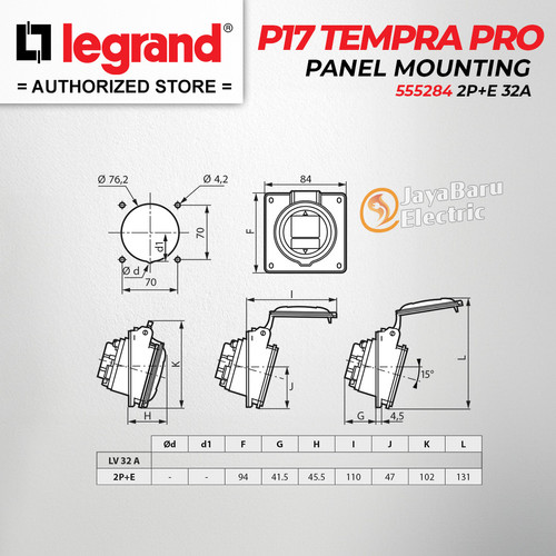 Legrand Panel Mounting Socket 2P+E / 3 Pin 32A P17 Tempra Pro 555284