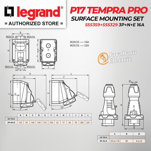 Legrand Paket Set Plug Surface Mounting Socket 3P+N+E / 5 Pin 5Pin 16A IP67 P17 Tempra Pro 555359 555329