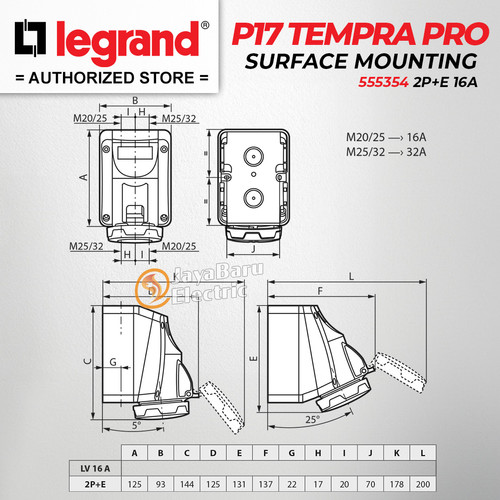 Legrand Surface Mounting Socket 2P+E / 3 Pin 16A P17 Tempra Pro 555354