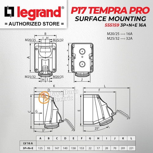 Legrand Surface Mounting Socket 3P+N+E / 5 Pin 16A P17 Tempra 555159
