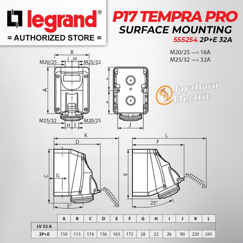 Legrand Surface Mounting Socket 2P+E / 3 Pin 32A P17 Tempra Pro 555254